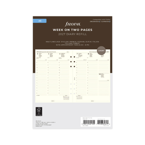 2027 Diary Refill Filofax Luxury A5 Week On Two Pages With Appointments Multilanguage Cotton Cream, 27-68513