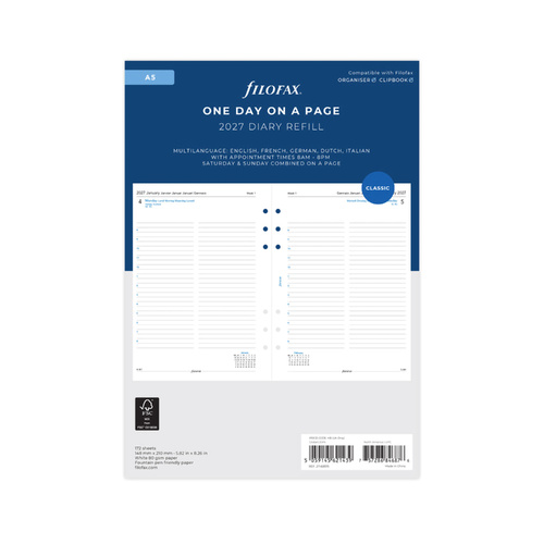 2027 Diary Refill Filofax Classic A5 One Day On A Page With Appointments Multilanguage White, 27-68515