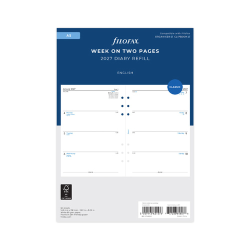 2027 Diary Refill Filofax Classic A5 Week On Two Pages English White, 27-68522