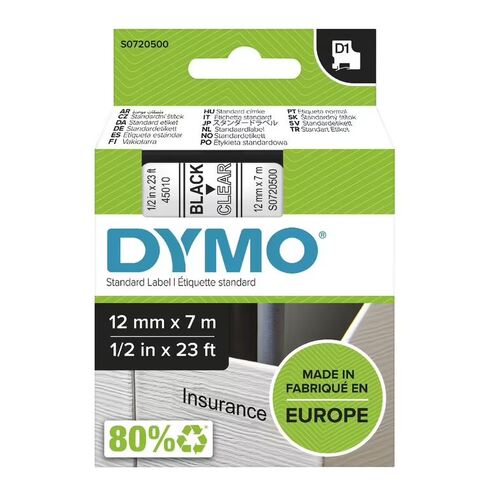 Dymo D1 Label Tape- 12mm x 7m- Black on White Plastic 0720530