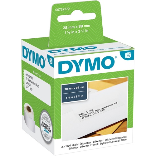 Dymo LabelWriter Address Labels 28mm x 89mm (Box of 2 x 130 Labels) White