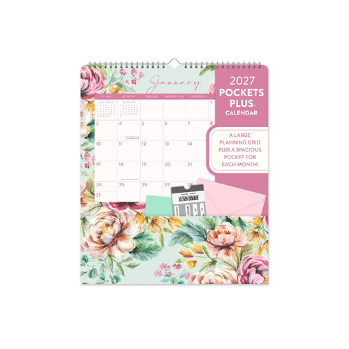 2027 Calendar Orange Circle Pockets Plus 297x348mm Wiro Wall Bella Flora, 27150