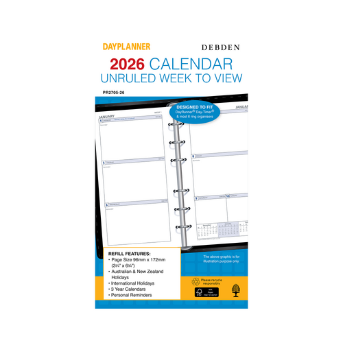 2026 Diary Refill Debden DayPlanner Personal Week to View Unruled PR2705