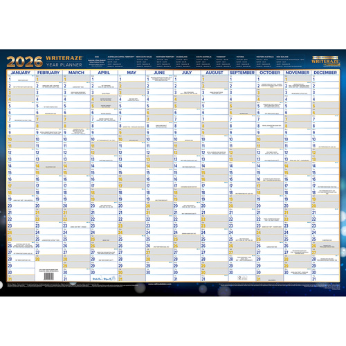 2026 Year Planner Writeraze QC2 70x50cm Laminated Unframed 10600