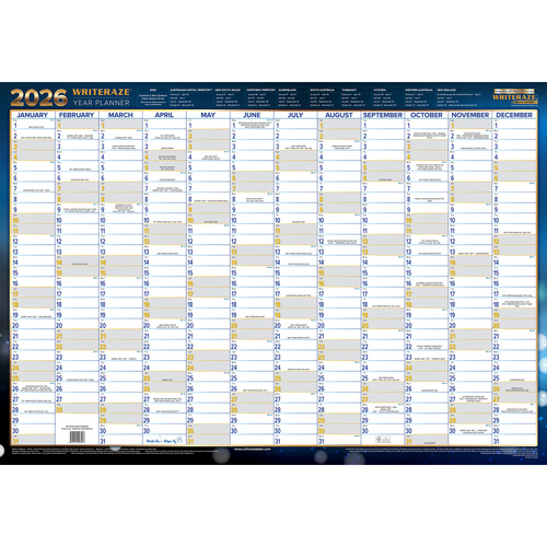 2026 Year Planner Writeraze QC 100x70cm Laminated Unframed 10800