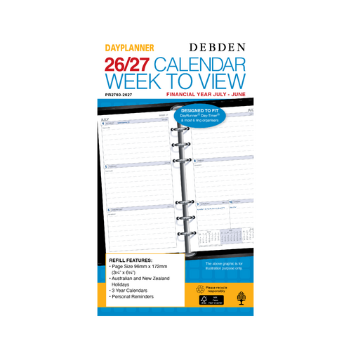 Debden DayPlanner 2026-2027 Financial Year Refill Personal Week to View White PR2760