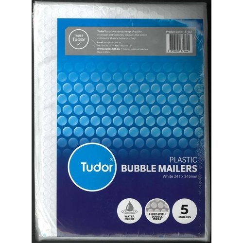 Tudor Plastic Bubble Mailers Waterproof 241x345mm White - Pack of 5