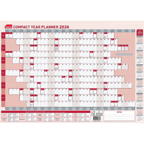 2026 Year Planner Sasco Compact 594x420mm Wall Red, ACCO 1043526