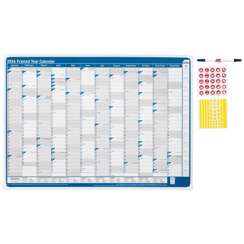 2026 Year Planner Sasco  700x500mm Wall Blue Framed, ACCO 1058726