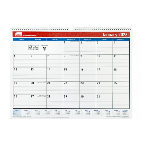 2026 Calendar Sasco 530x395mm Horizontal Wall, ACCO 1072026