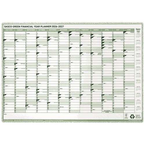 Sasco 2026-2027 Financial Year Planner 500x700mm Yearly Wall Green 5622627