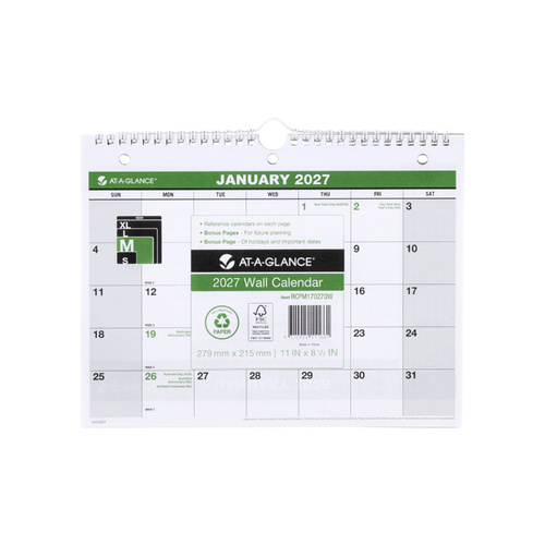 2027 Calendar At-A-Glance Recycled 279x215mm Wall, RCPM17027