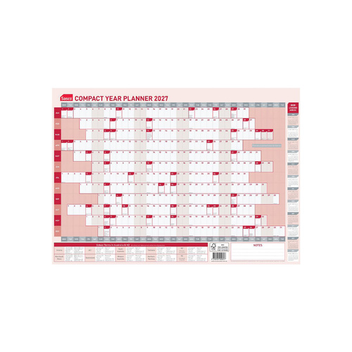 2027 Year Planner Sasco Compact 594x420mm Wall Red, 1043527