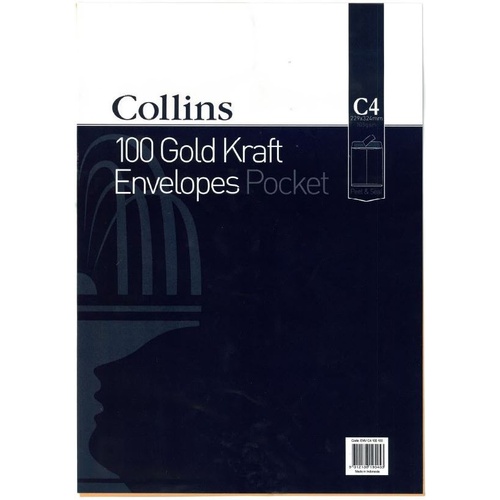Collins C4 Gold Kraft Envelopes Pocket Peel and Seal - Pack of 100 ENV C4 105 100