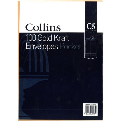 Collins C5 Gold Kraft Envelopes Pocket Peel and Seal - Pack of 100