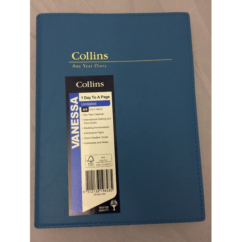 Collins Vanessa Any Year Diary Blue A5 Day to Page NEW Free Postage