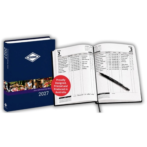 2027 Diary ZIONS Table Bookings A4 2 Pages to a Day Blue, Restaurant & Cafe Reservation Diary Z-TBD27