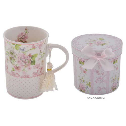 Gibson Gifts Mug Pink Hydrangea with Tassle in Gift Box Fine China, 20561