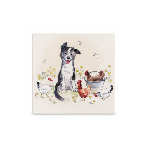 Gibson Gifts On The Farm Coaster Border Collie & Chicken Fine China, 26805