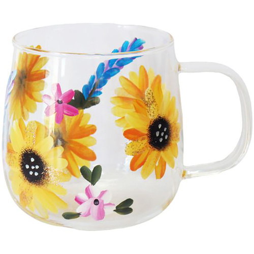 Lynsey Johnstone Glass Mug 500mL Hand Painted Sunflower, 27405