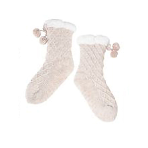 Nuzzles Socks One Size Sherpa Cable Pom Pom Cream, 27577