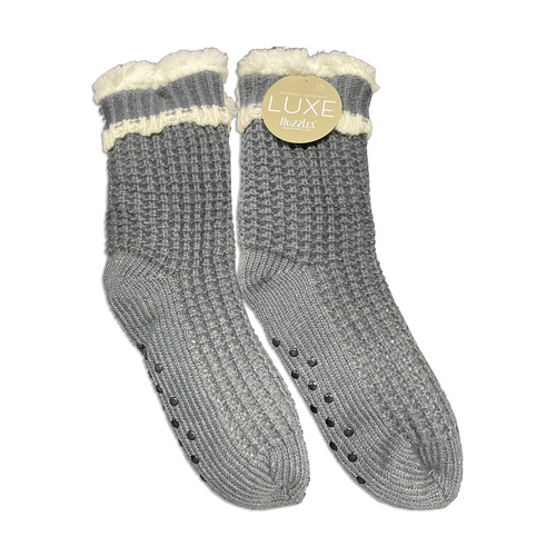 Nuzzles Socks One Size Sherpa Cable Stripe Dark Grey, 27579