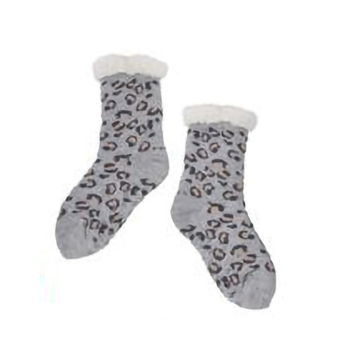 Nuzzles Socks One Size Sherpa Leopard Print Grey, 27581