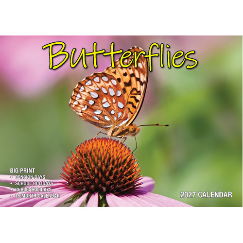 2027 Calendar Bartel Big Print Butterflies Horizontal Wall, BP716
