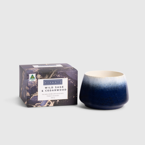Vivante Scented Candle 300g Wild Sage & Cedarwood Soy Wax Pastel Pines VICANCERWIL