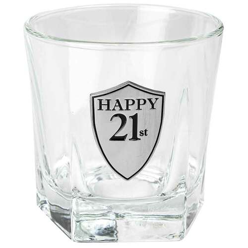 Landmark Concepts Whisky Glass 210mL with Pewter Look Badge - Happy 21st BG252