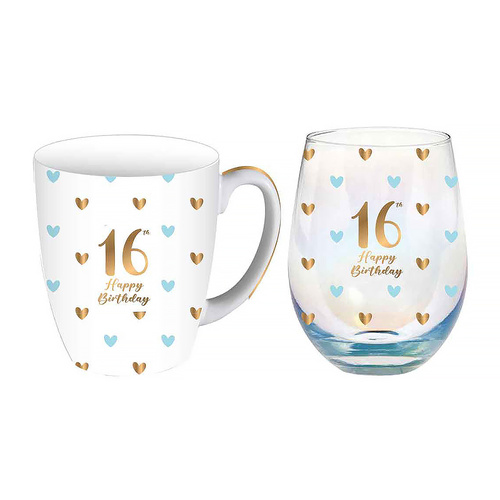 Landmark Sweethearts Birthday Stemless Wine Glass & Mug Gift Set 16th Happy Birthday SH035