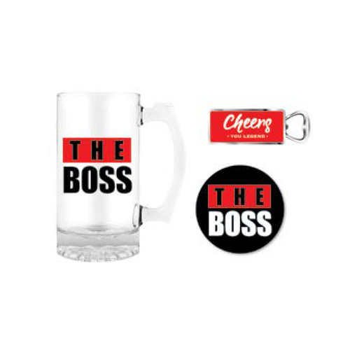 Premium Gift Set Glass Stein, Coaster & Bottle Opener The Boss, Landmark BG0104