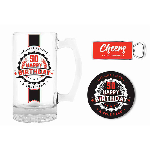 Premium Gift Set Glass Stein, Coaster & Bottle Opener 50 Happy Birthday, Landmark BG0124