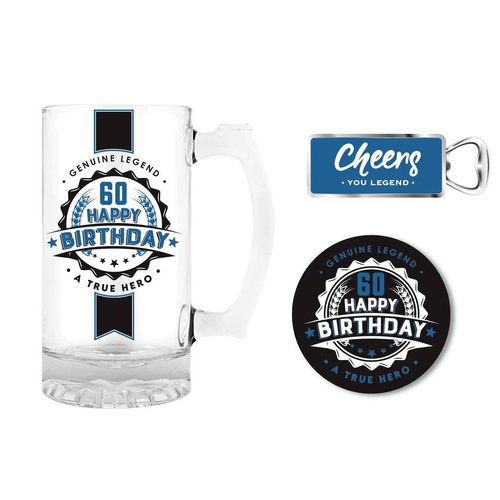 Premium Gift Set Glass Stein, Coaster & Bottle Opener 60 Happy Birthday, Landmark BG0125