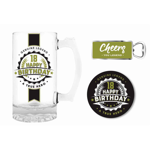 Premium Gift Set Glass Stein, Coaster & Bottle Opener 18 Happy Birthday, Landmark BG0120