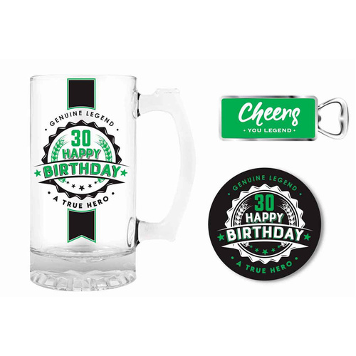Premium Gift Set Glass Stein, Coaster & Bottle Opener 30 Happy Birthday, Landmark BG0122