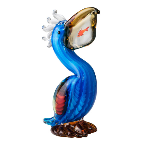 Russell Collection Coloured Art Glass Ornament 25cm Pelican with Fish, Whitehill CCG BILL