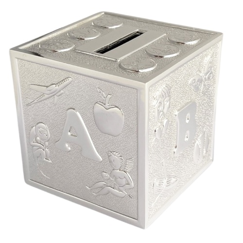 The Russell Collection Money Bank 10cm ABC Cube Silverplate, HI BA