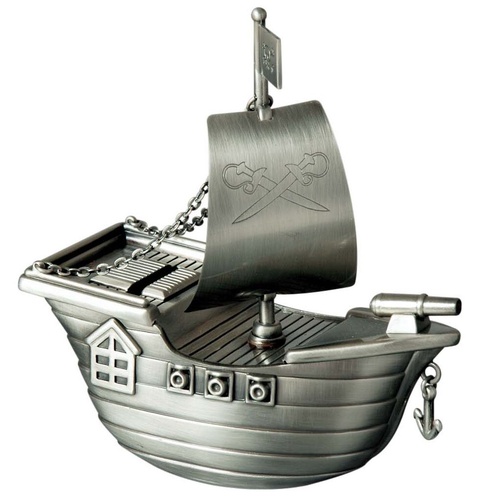 Russell Collection Money Bank Jolly Roger Pirate Ship Pewter Finish, Whitehill HI BJRP