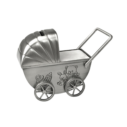 Russell Collection Money Bank 11cm Pram Pewter Finish, Whitehill HI BPRP