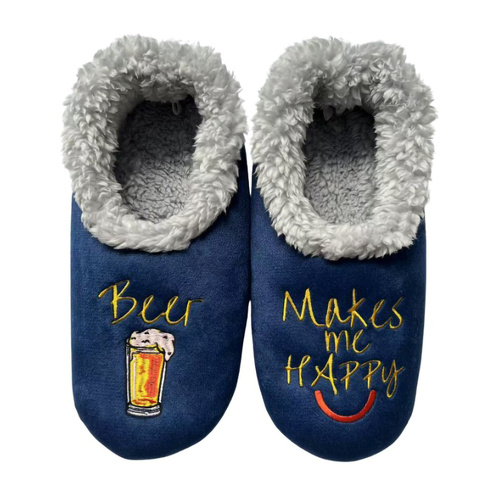Slumbies Pairables Men's Winter Slippers Large - BEER MAKES ME HAPPY (Navy) SLUMBH03