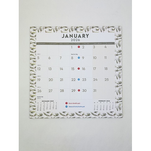 2026 Calendar Easy View Gumleaf Magnetic Wall, OzCorp CAL214