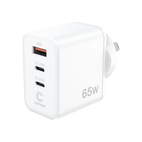 Comsol Wall Charger 65W 3 Port USB-C USB-A Fast Charge White, WCA653WH