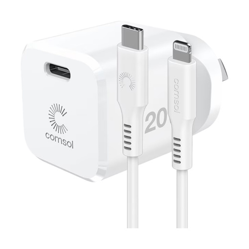 Comsol Wall Charger 20W USB-C to Lightning 2.5m Cable Fast Charge White, ACK02F1