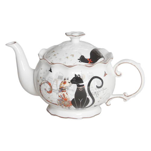 Teapot - Embossed Cat Couple Teapot 600ml, Fine Bone Chinaware CW1208M PNC