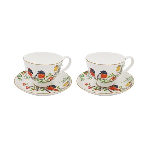 PNC Cups & Saucers Set 250mL Red Breasted Robin 4-Piece Fine Bone China CW1503