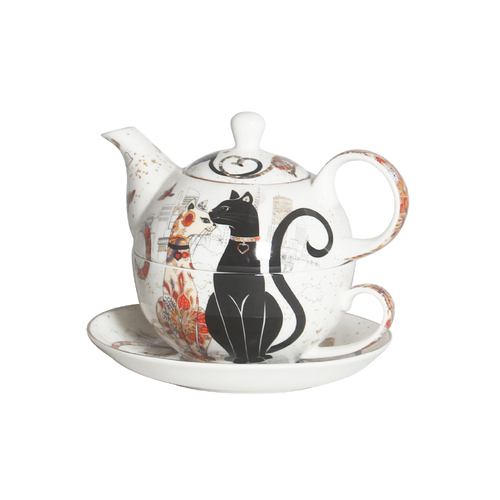 Teapot - Embossed Cat Couple Tea For One Set, Fine Bone Chinaware, Great Gift for Home CW1208T41