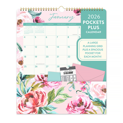 2026 Calendar Orange Circle Pockets Plus 297x348mm Wiro Wall Bella Flora, ACCO 26150