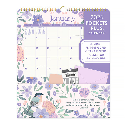 2026 Calendar Orange Circle Pockets Plus 297x348mm Wiro Wall Birds & Blooms, ACCO 26152