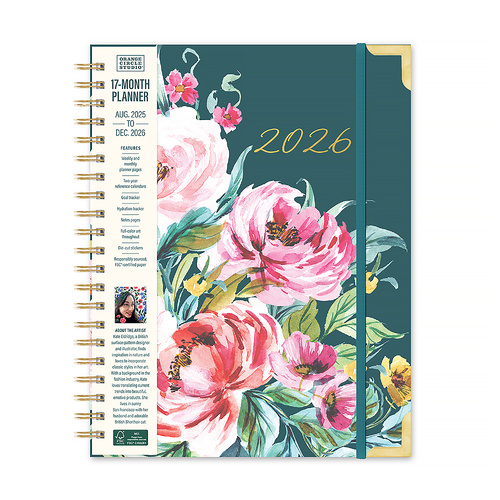 2026 17-Month Planner Orange Circle Deluxe XL 216x279mm Week to View Bella Flora Spiral, ACCO 26428